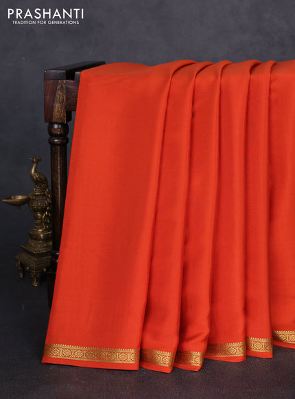 Pure mysore silk saree orange with plain body and small zari woven border