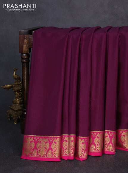 Pure mysore silk saree wine shade and pink with plain body and zari woven border