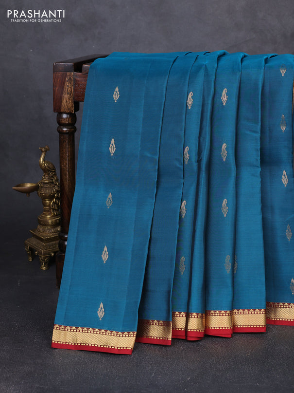 Kanchipuram silk saree peacock green and maroon with zari woven buttas and small zari woven border