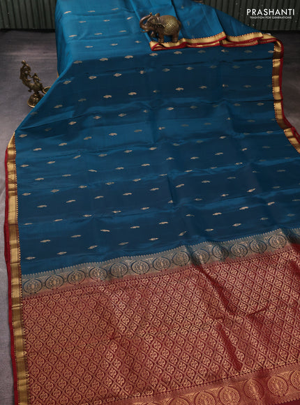 Kanchipuram silk saree peacock green and maroon with zari woven buttas and small zari woven border