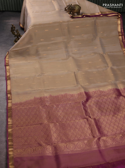 Kanchipuram silk saree beige and pink with zari woven buttas and small zari woven border
