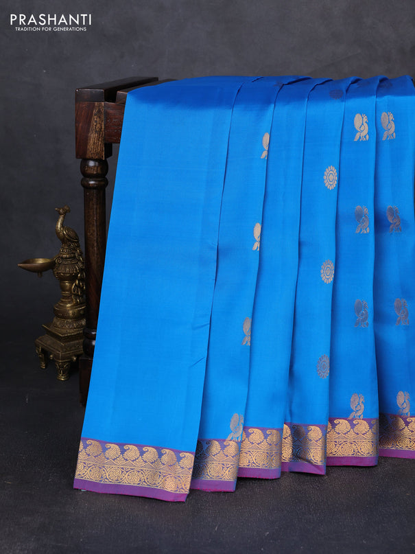 Kanchipuram silk saree cs blue and dual shade pink with zari woven buttas and small zari woven border