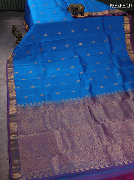 Kanchipuram silk saree cs blue and dual shade pink with zari woven buttas and small zari woven border