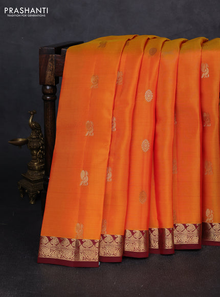 Kanchipuram silk saree sunset orange and maroon with zari woven buttas and small zari woven border