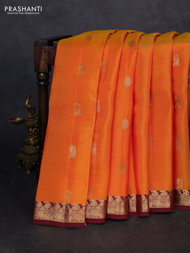 Kanchipuram silk saree sunset orange and maroon with zari woven buttas and small zari woven border