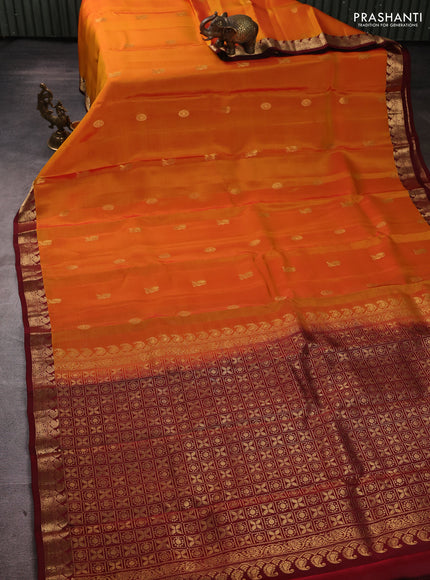 Kanchipuram silk saree sunset orange and maroon with zari woven buttas and small zari woven border