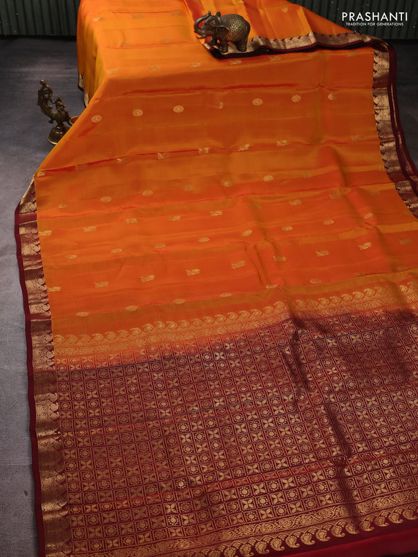 Kanchipuram silk saree sunset orange and maroon with zari woven buttas and small zari woven border