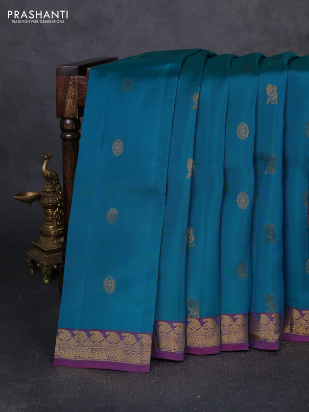 Kanchipuram silk saree teal green and dual shade pink with zari woven buttas and small zari woven border