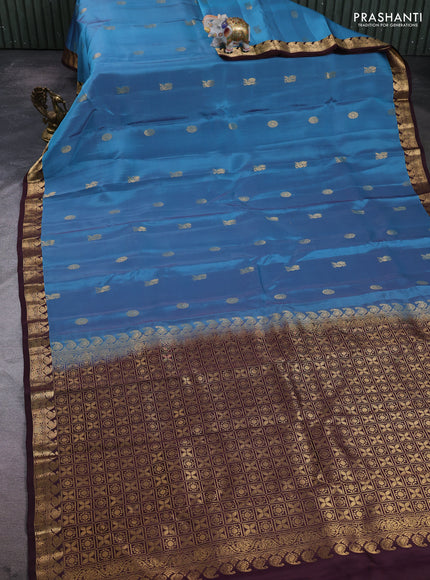 Kanchipuram silk saree pastel blue and brown with zari woven buttas and small zari woven border