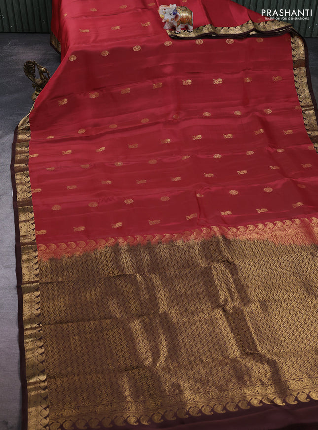 Kanchipuram silk saree maroon and brown with zari woven buttas and small zari woven border
