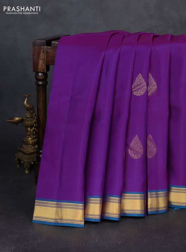Kanchipuram silk saree purple and peacock blue with zari woven buttas and rich zari woven border