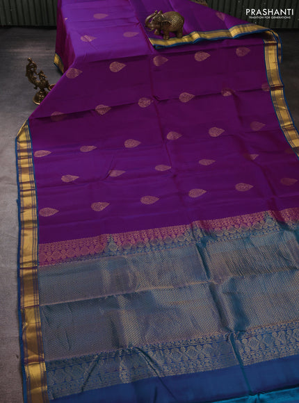 Kanchipuram silk saree purple and peacock blue with zari woven buttas and rich zari woven border