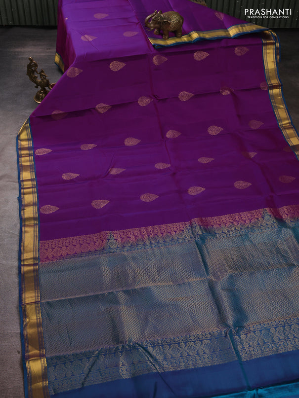 Kanchipuram silk saree purple and peacock blue with zari woven buttas and rich zari woven border