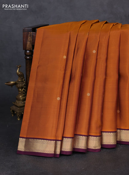 Kanchipuram silk saree mustard yellow and wine shade with zari woven buttas and small zari woven border