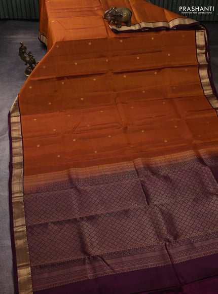 Kanchipuram silk saree mustard yellow and wine shade with zari woven buttas and small zari woven border