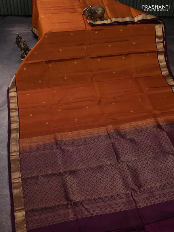 Kanchipuram silk saree mustard yellow and wine shade with zari woven buttas and small zari woven border