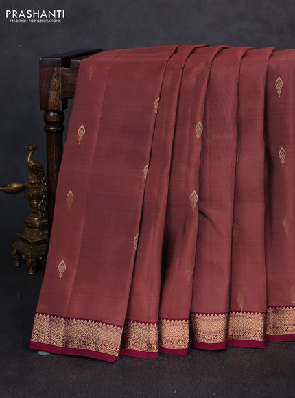 Kanchipuram silk saree peach shade and magenta pink with zari woven buttas and zari woven border