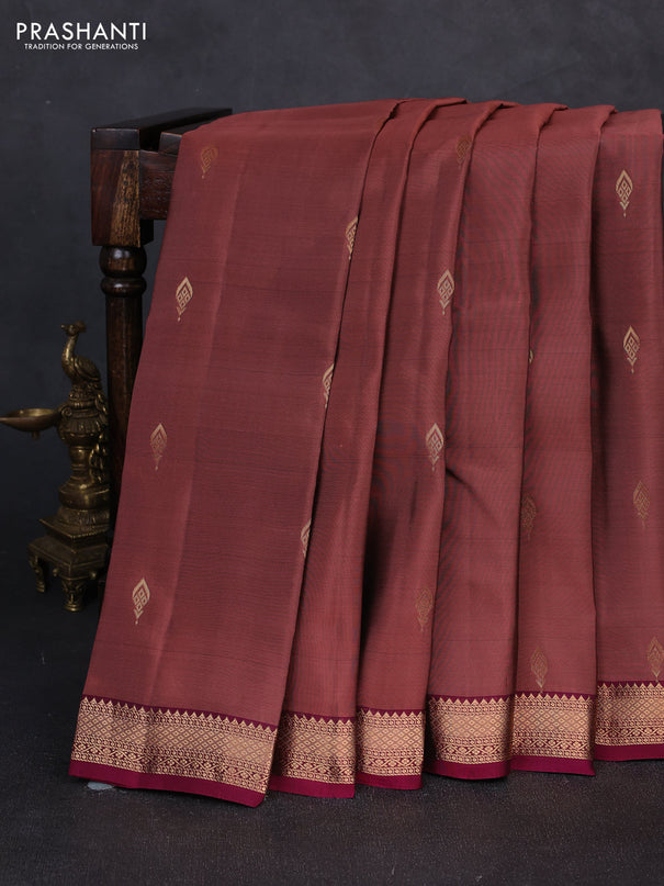 Kanchipuram silk saree peach shade and magenta pink with zari woven buttas and zari woven border