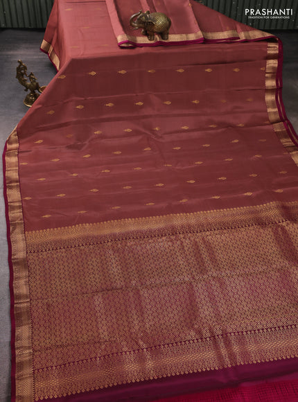 Kanchipuram silk saree peach shade and magenta pink with zari woven buttas and zari woven border