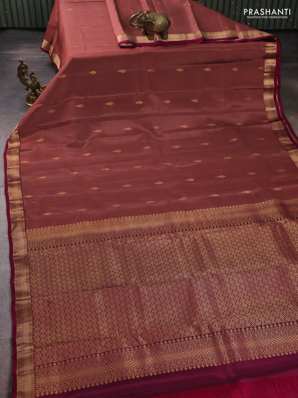 Kanchipuram silk saree peach shade and magenta pink with zari woven buttas and zari woven border