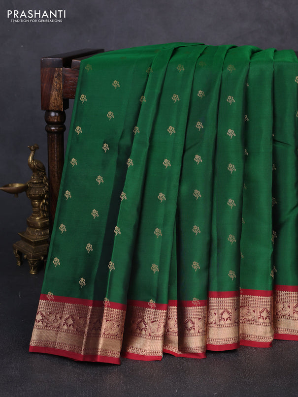 Kanchipuram silk saree green and maroon with allover zari woven buttas and rich zari woven border