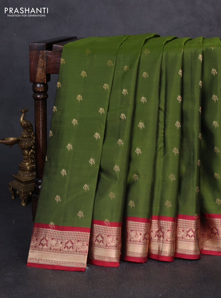 Kanchipuram silk saree sap green and maroon with allover zari woven buttas and rich zari woven border