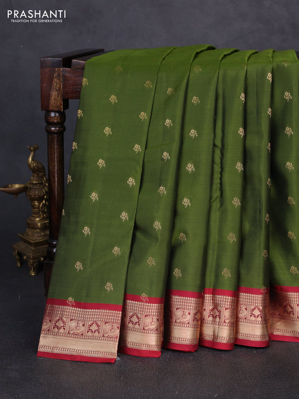 Kanchipuram silk saree sap green and maroon with allover zari woven buttas and rich zari woven border
