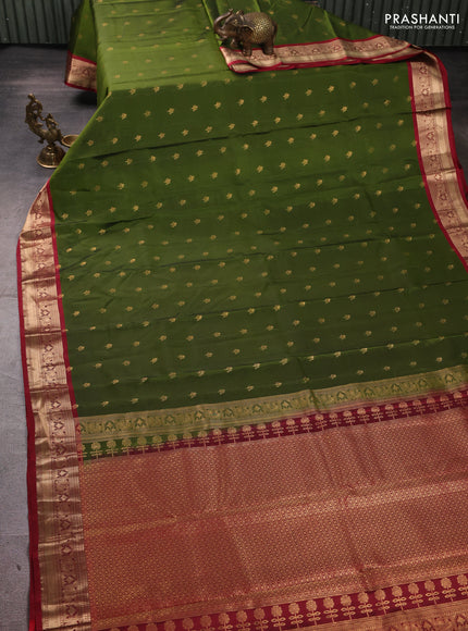Kanchipuram silk saree sap green and maroon with allover zari woven buttas and rich zari woven border