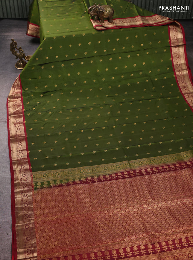 Kanchipuram silk saree sap green and maroon with allover zari woven buttas and rich zari woven border