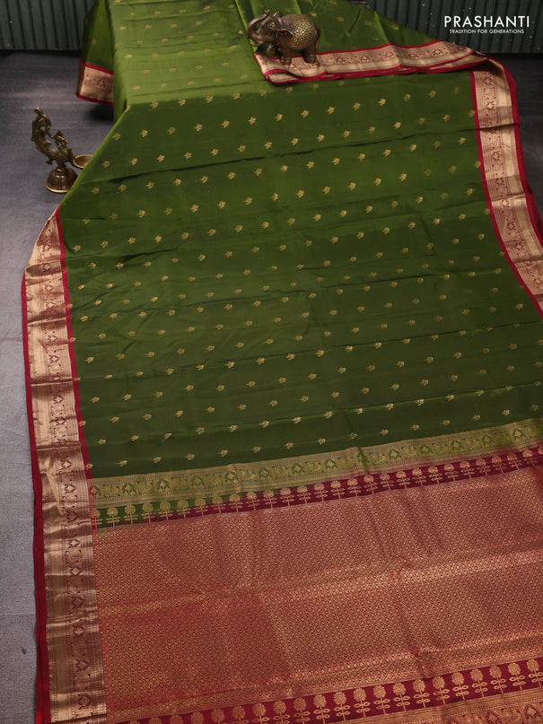 Kanchipuram silk saree sap green and maroon with allover zari woven buttas and rich zari woven border