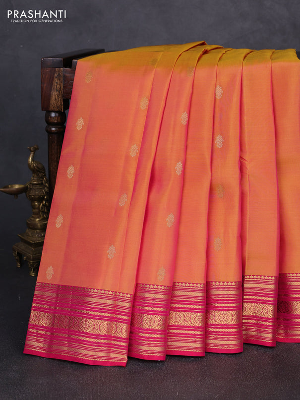 Kanchipuram silk saree sunset orange and pink with allover zari woven buttas and zari woven border
