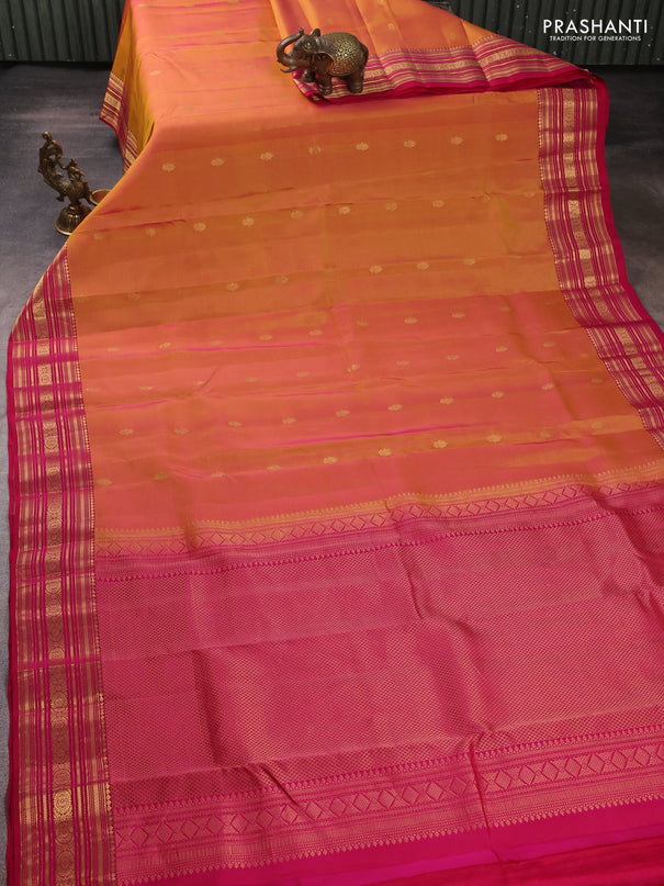 Kanchipuram silk saree sunset orange and pink with allover zari woven buttas and zari woven border