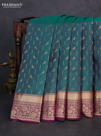 Kanchipuram silk saree teal green and wine shade with allover zari woven buttas and rich zari woven border