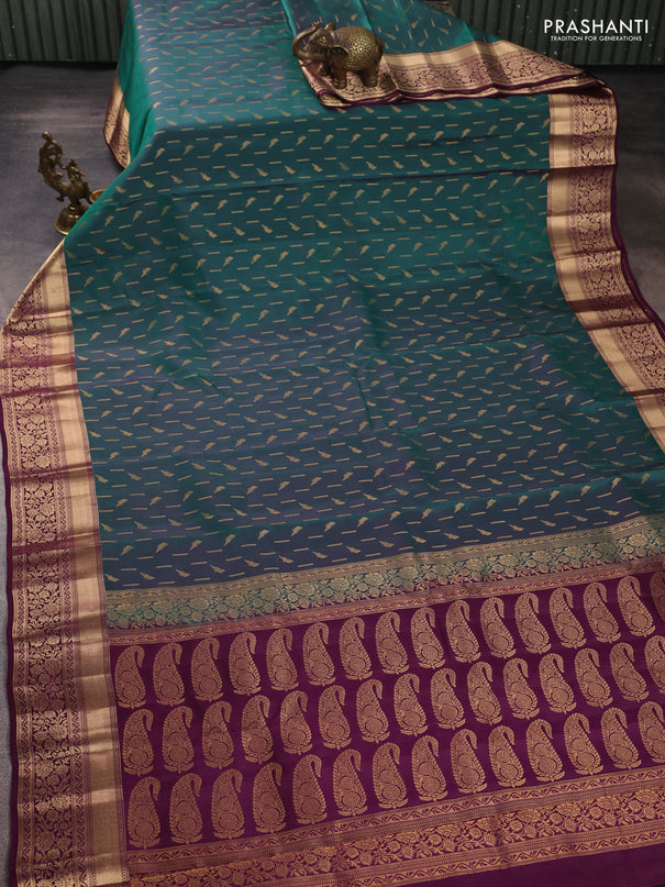 Kanchipuram silk saree teal green and wine shade with allover zari woven buttas and rich zari woven border