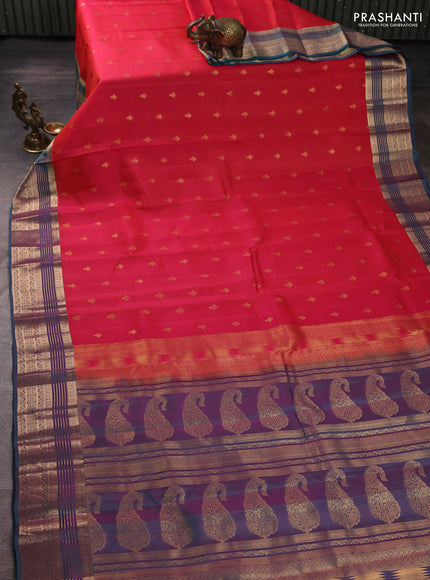 Kanchipuram silk saree tomato pink and dual shade of teal green with allover zari woven buttas and zari woven border