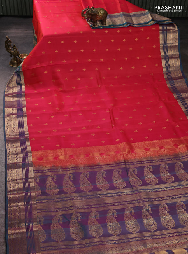 Kanchipuram silk saree tomato pink and dual shade of teal green with allover zari woven buttas and zari woven border