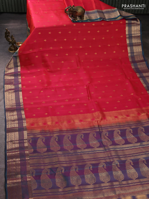 Kanchipuram silk saree tomato pink and dual shade of teal green with allover zari woven buttas and zari woven border