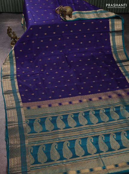 Kanchipuram silk saree navy blue and teal green with allover zari woven buttas and zari woven border