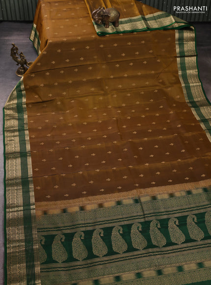 Kanchipuram silk saree dark mustard and green with allover zari woven buttas and zari woven border