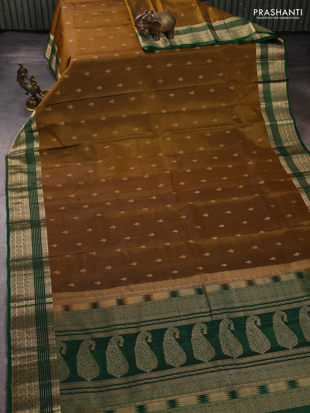 Kanchipuram silk saree dark mustard and green with allover zari woven buttas and zari woven border