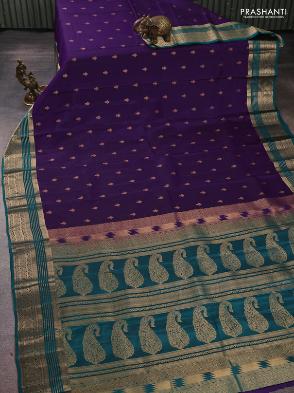Kanchipuram silk saree purple and teal green with allover zari woven buttas and zari woven border