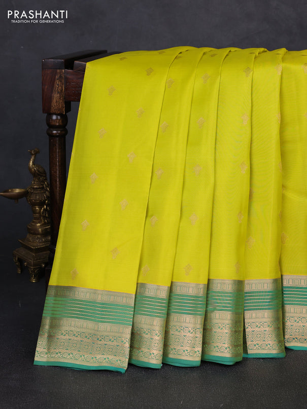 Kanchipuram silk saree lime yellow and teal green with allover zari woven buttas and zari woven border