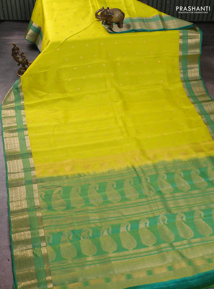 Kanchipuram silk saree lime yellow and teal green with allover zari woven buttas and zari woven border