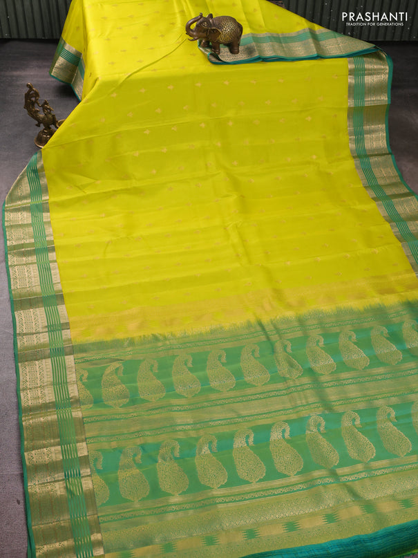 Kanchipuram silk saree lime yellow and teal green with allover zari woven buttas and zari woven border