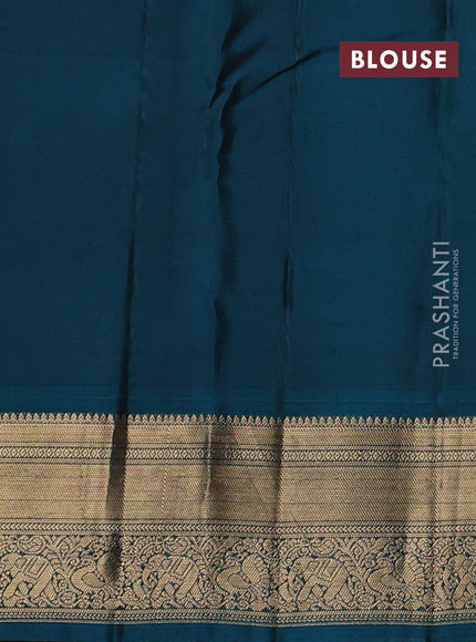 Kanchipuram silk saree rust shade and teal blue with zari woven buttas and zari woven border