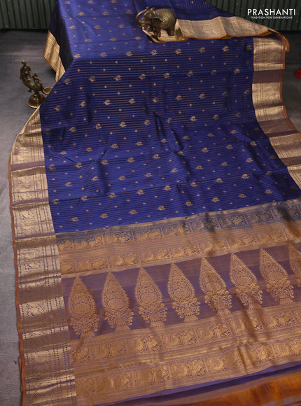 Kanchipuram silk saree navy blue and mustard shade with allover zari weaves & buttas and zari woven border