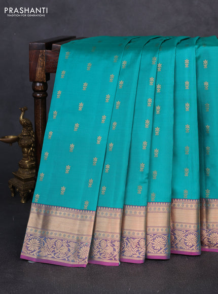 Kanchipuram silk saree teal green and dual shade of pink with allover zari woven buttas and rich zari woven border