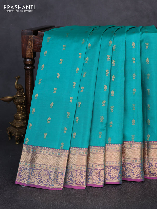 Kanchipuram silk saree teal green and dual shade of pink with allover zari woven buttas and rich zari woven border