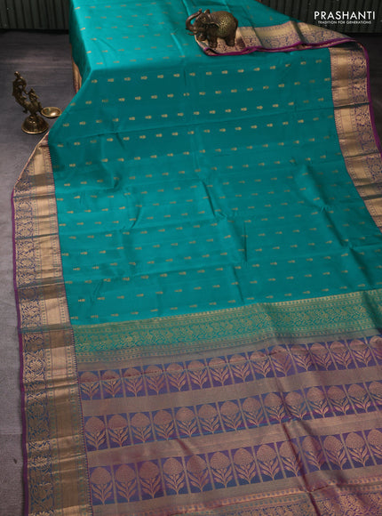 Kanchipuram silk saree teal green and dual shade of pink with allover zari woven buttas and rich zari woven border
