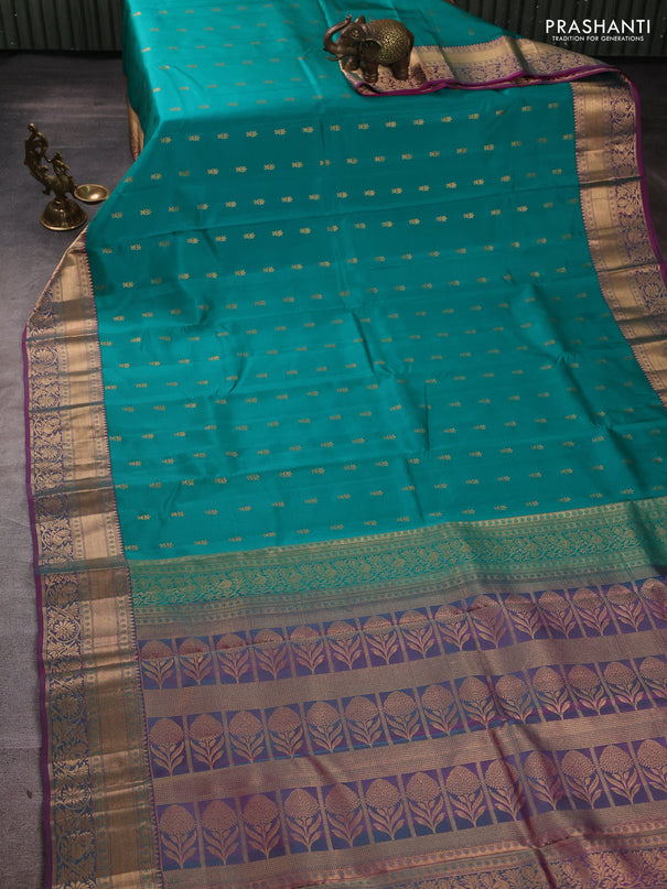 Kanchipuram silk saree teal green and dual shade of pink with allover zari woven buttas and rich zari woven border